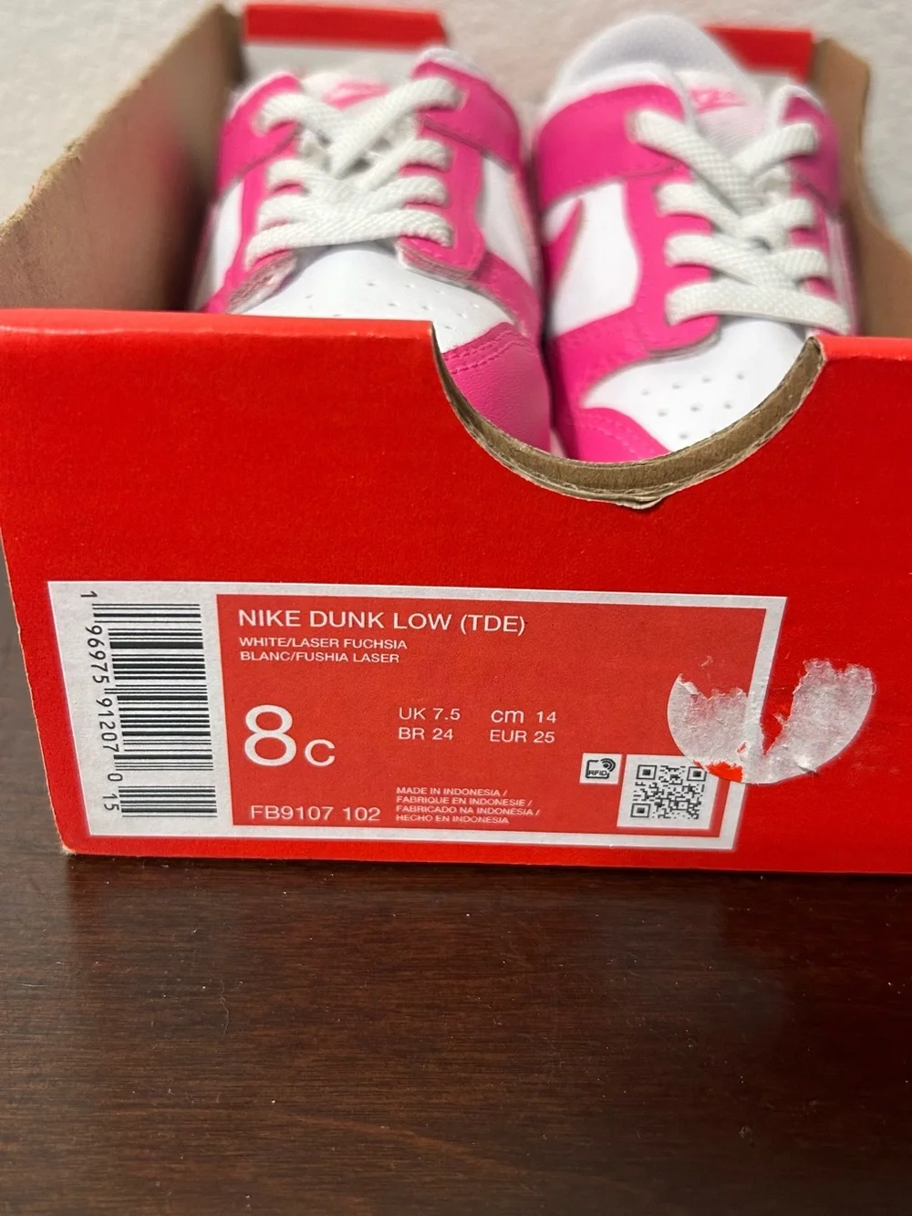 Nike Dunk Low White Laser Fuchsia Girls Toddler Sneakers Size 8C New Box